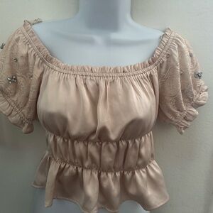 Forever 21 Cream Smocked Puff Sleeve Blouse